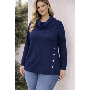 French Laundry Womens 2X Navy Blue‎ Cable Knit Cowl Neck Side Button Sweater NEW